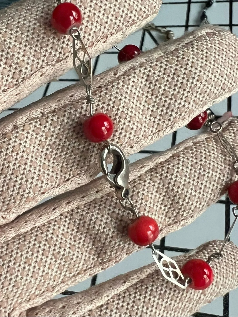 Vintage Red Beaded Silver Tone Link Chain Bracelet Bohemian Chic